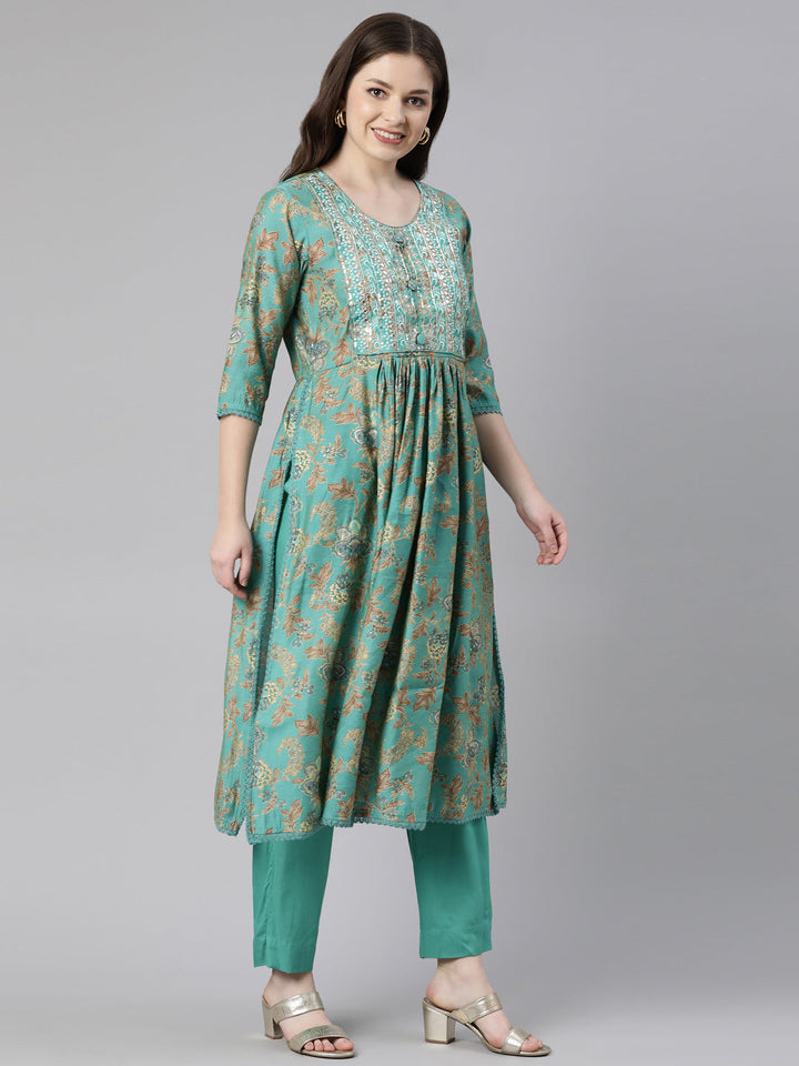 Neerus Green silk printed anarkali kurta set - back view