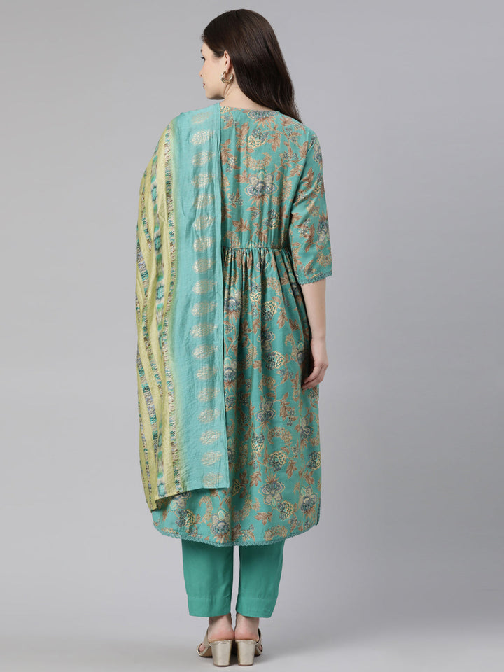 Neerus Green silk printed anarkali kurta set - side view
