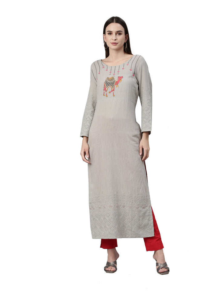 Neerus Grey slub cotton straight kurta - front view
