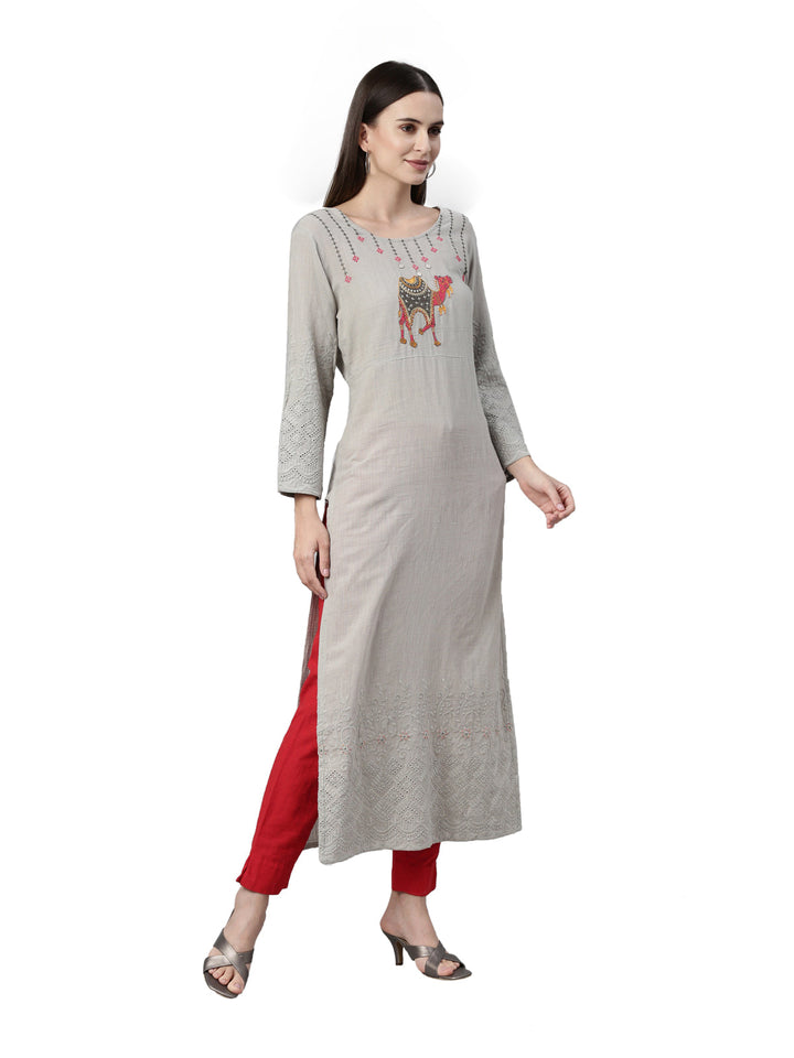 Neerus Grey slub cotton straight kurta - detail view 1