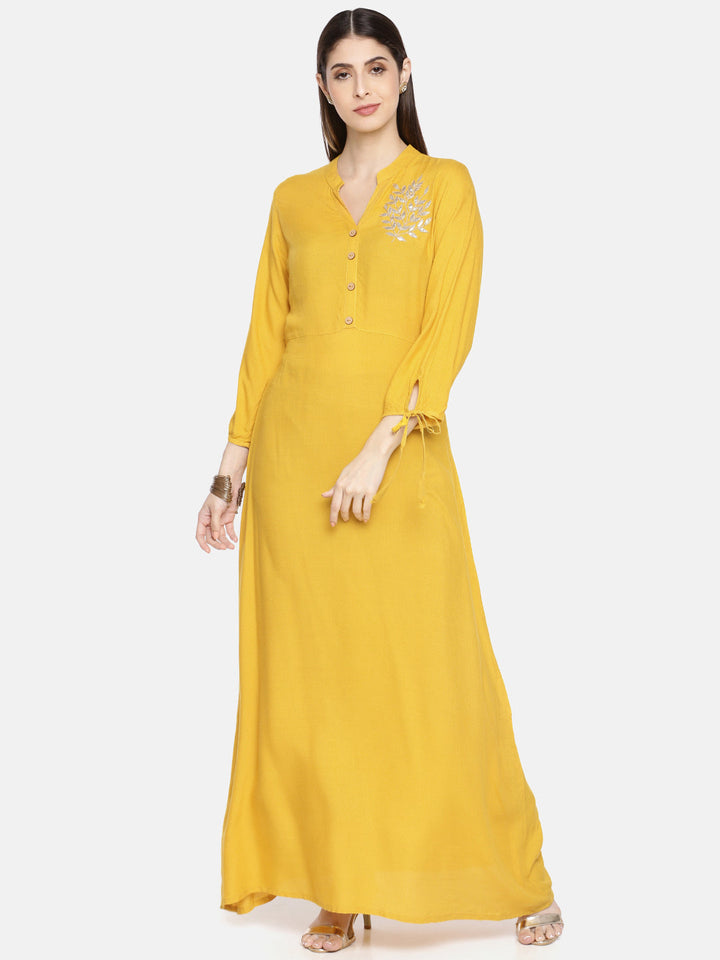 Neerus Yellow rayon solid A-line kurta - front view
