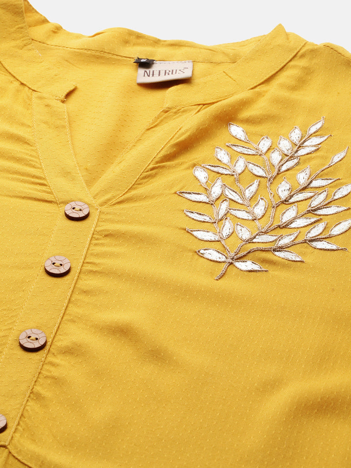 Neerus Yellow rayon solid A-line kurta - back view