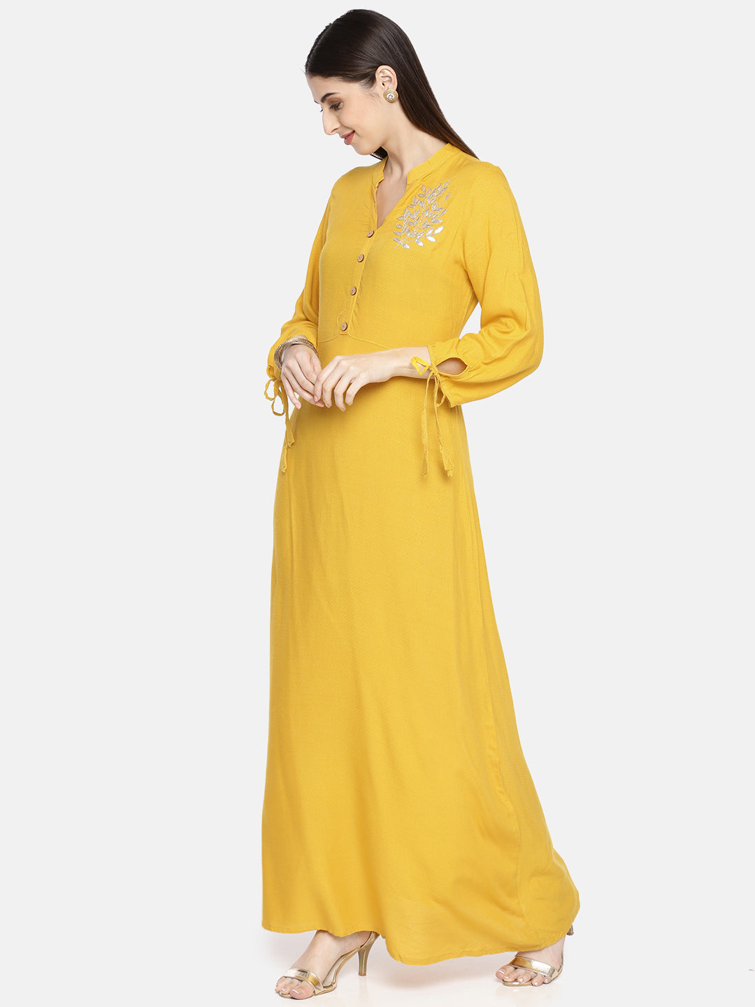 Neerus Yellow rayon solid A-line kurta - side view