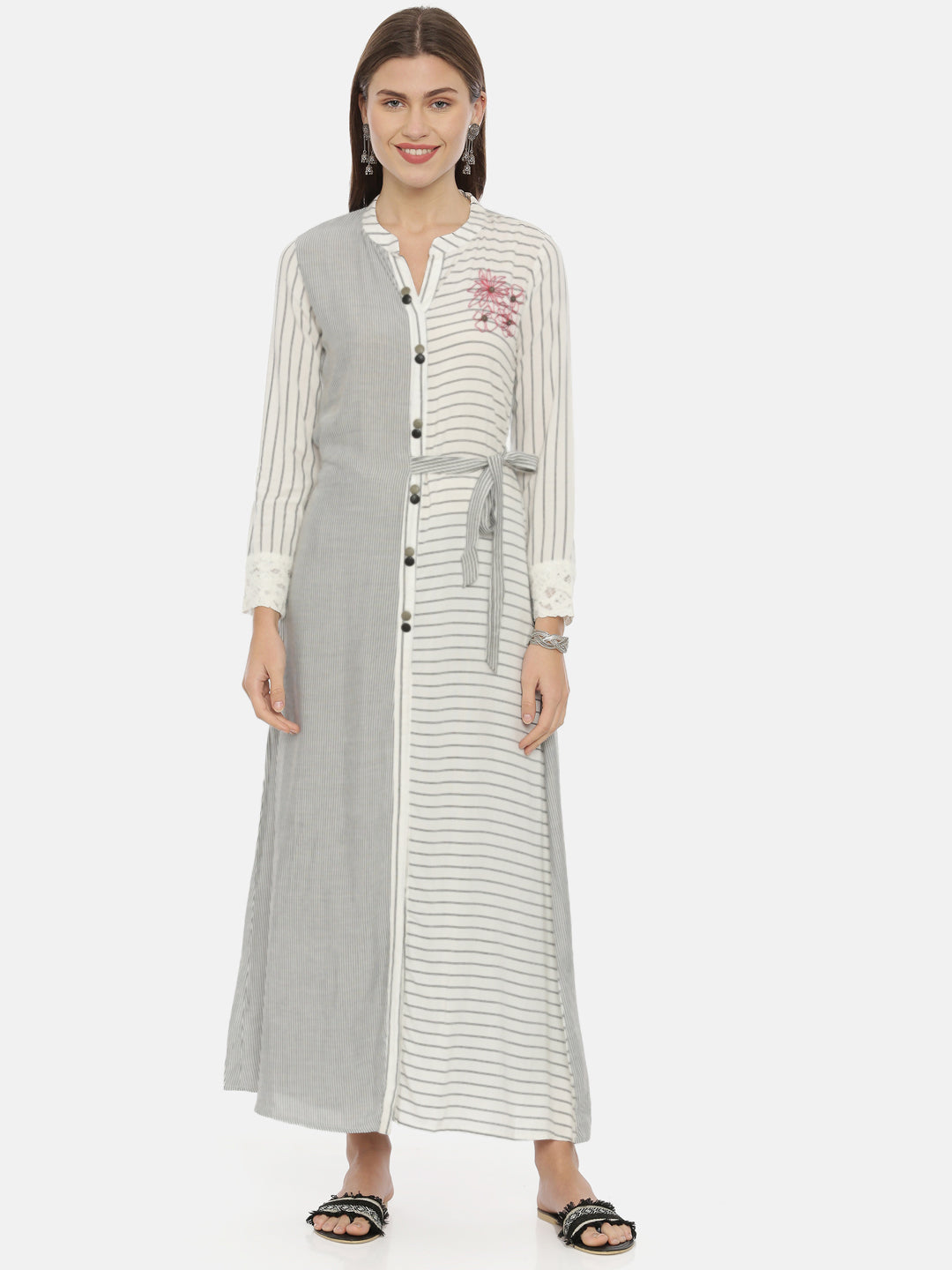 Neerus White rayon striped A-line kurta - front view