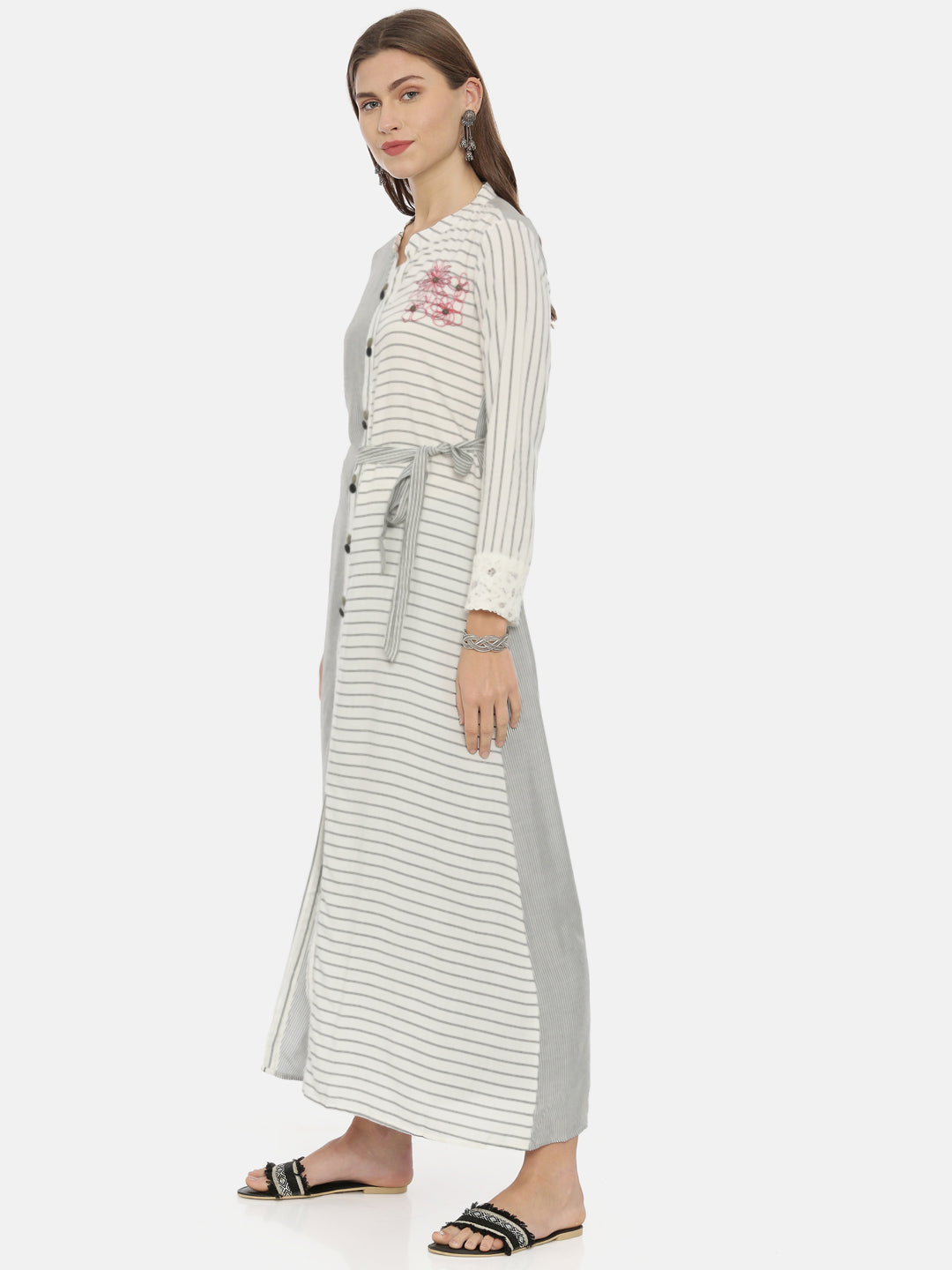 Neerus White rayon striped A-line kurta - side view