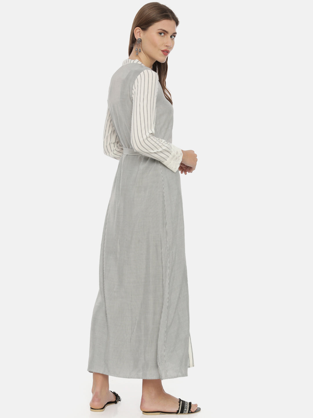 Neerus White rayon striped A-line kurta - detail view 2
