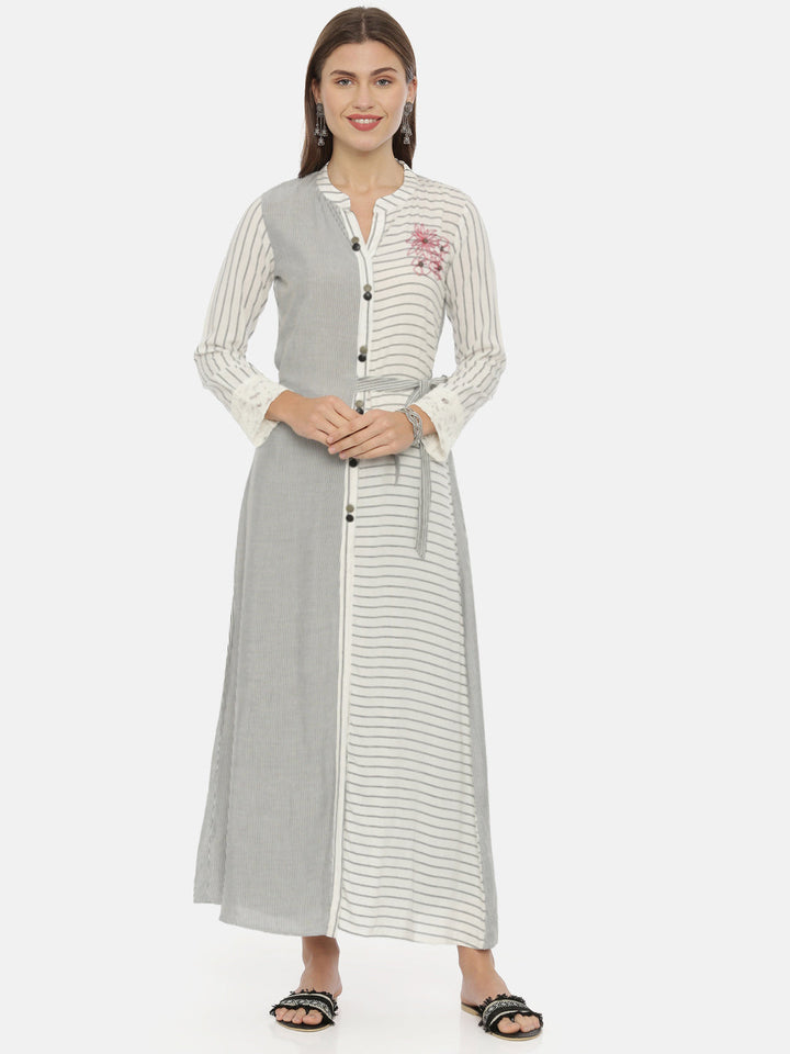 Neerus White rayon striped A-line kurta - detail view 3