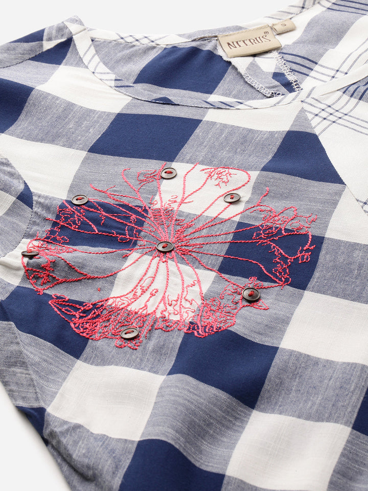 Neerus Blue Rayon Printed A-Line Kurta - back view