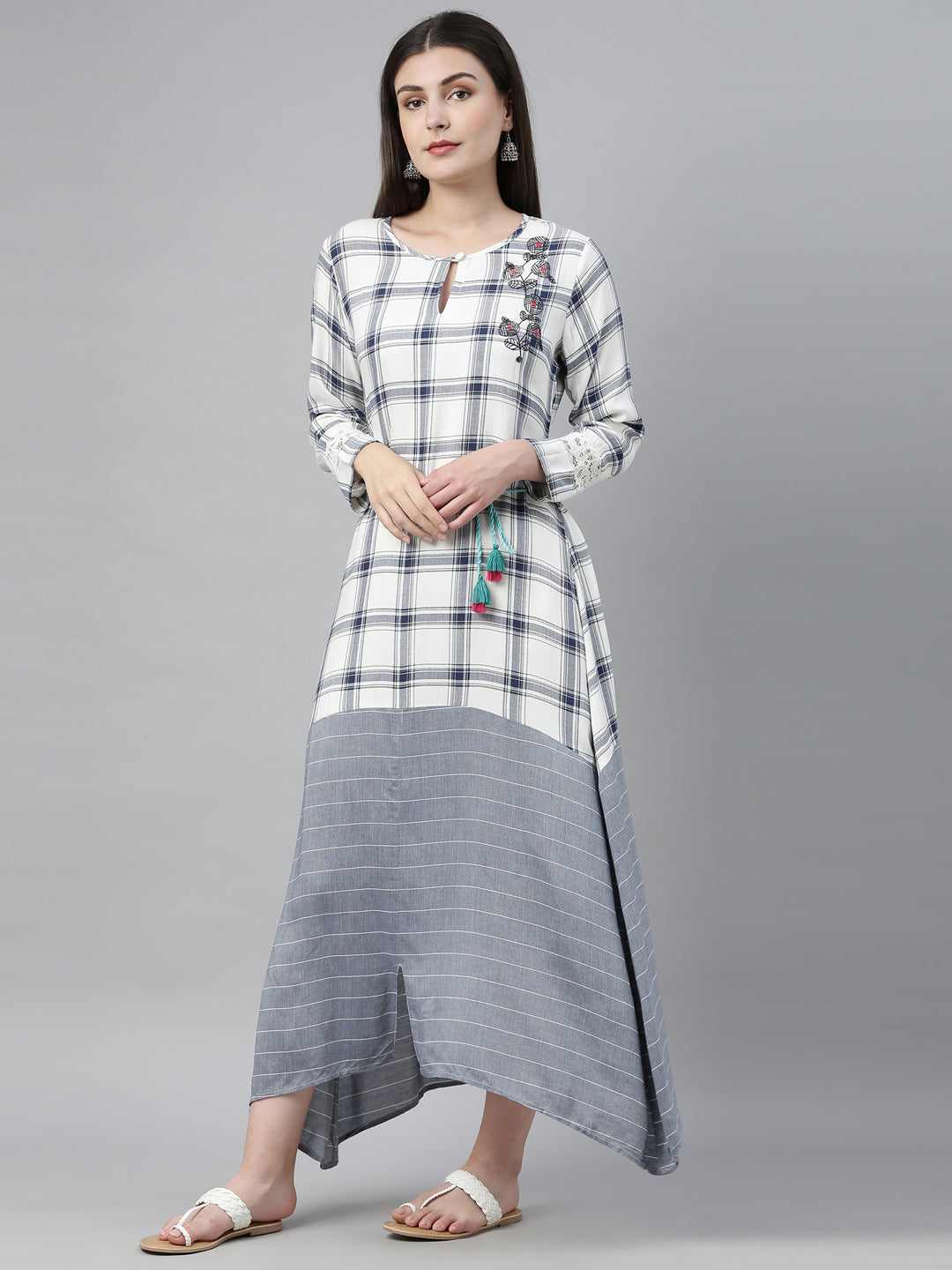 Neerus White embroidered high-low kurta - front view