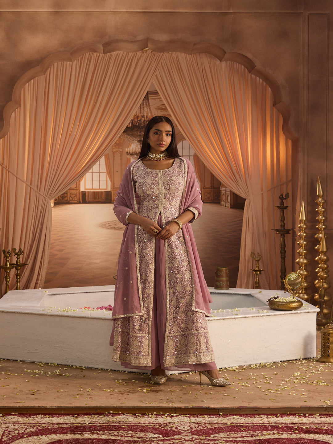 Neerus Purple georgette embroidered suit set - front view