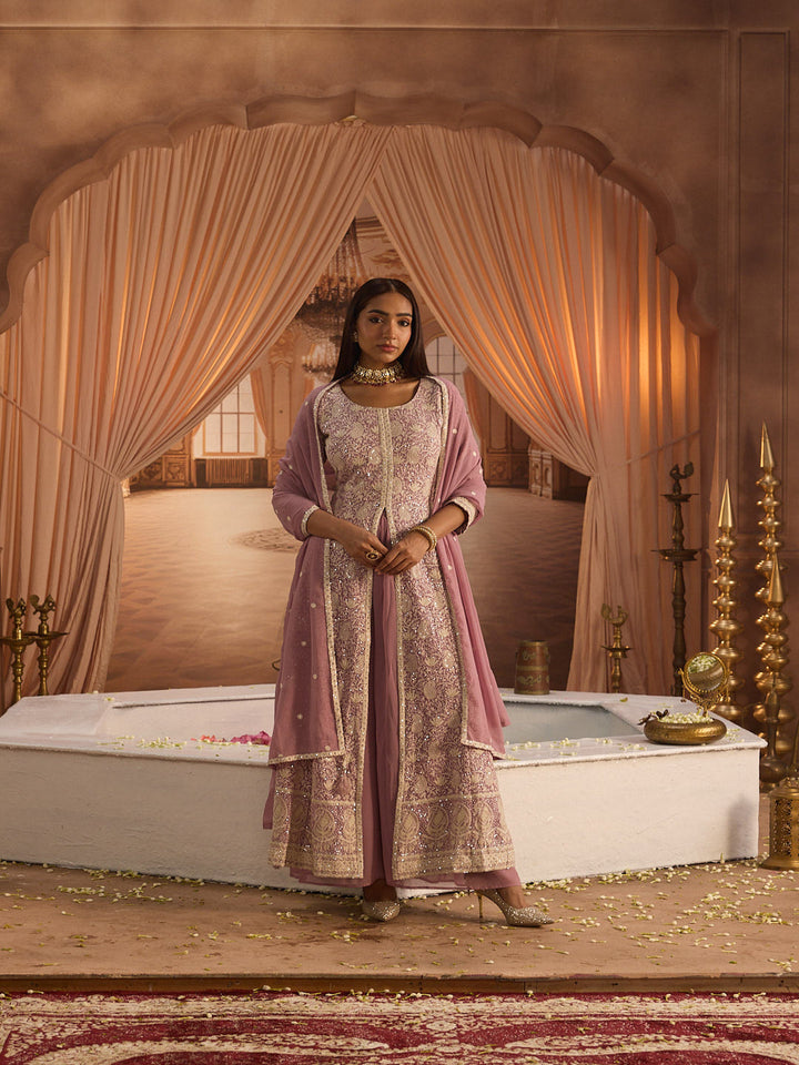 Neerus Purple georgette embroidered suit set - front view