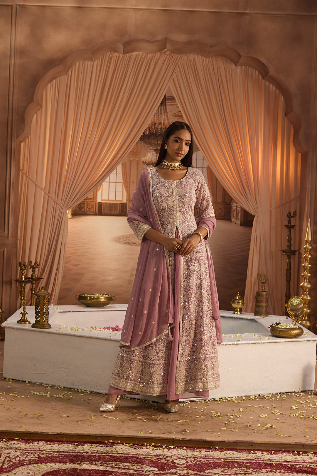 Neerus Purple georgette embroidered suit set - detail view 6