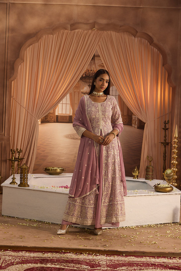 Neerus Purple georgette embroidered suit set - detail view 6