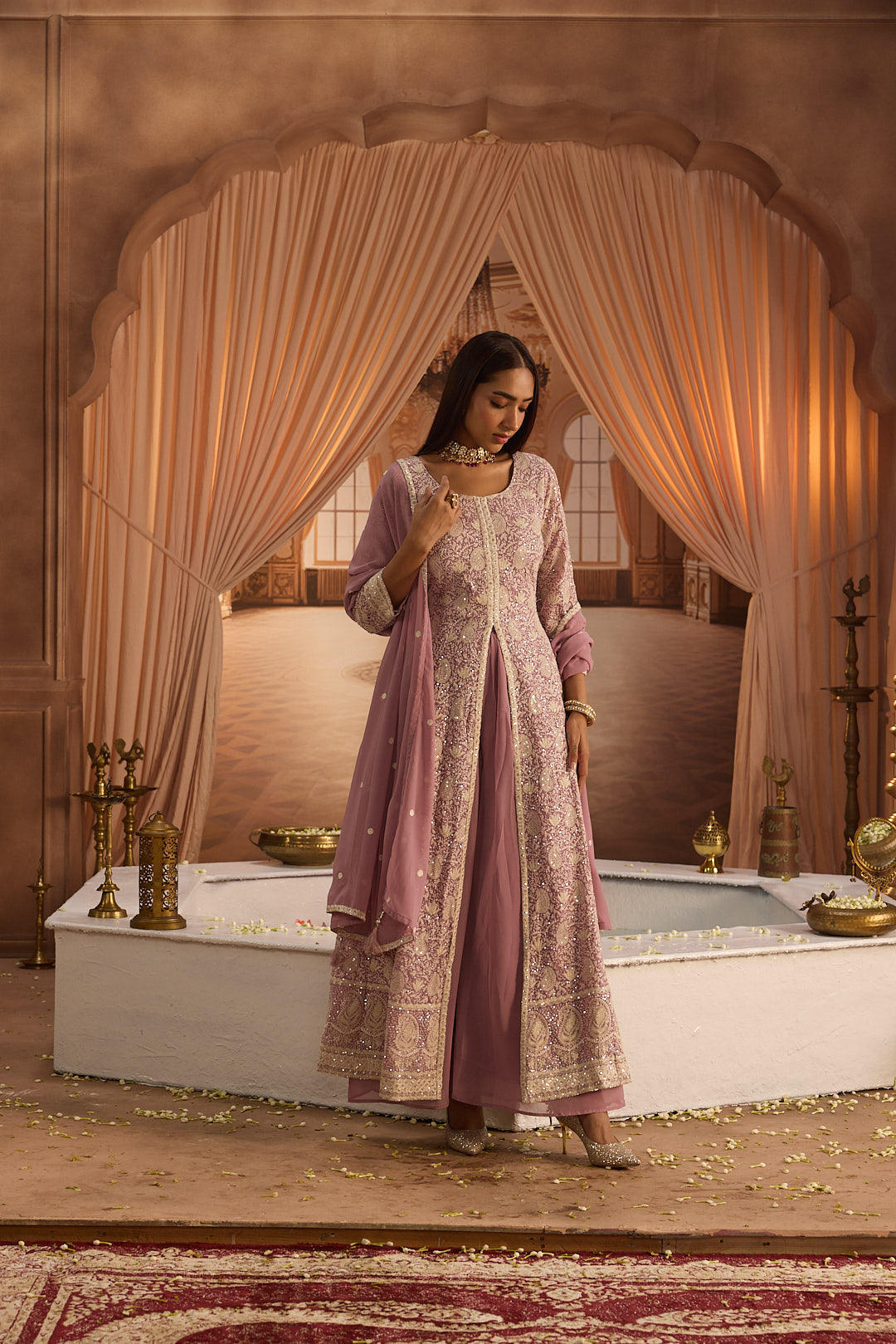 Neerus Purple georgette embroidered suit set - detail view 7