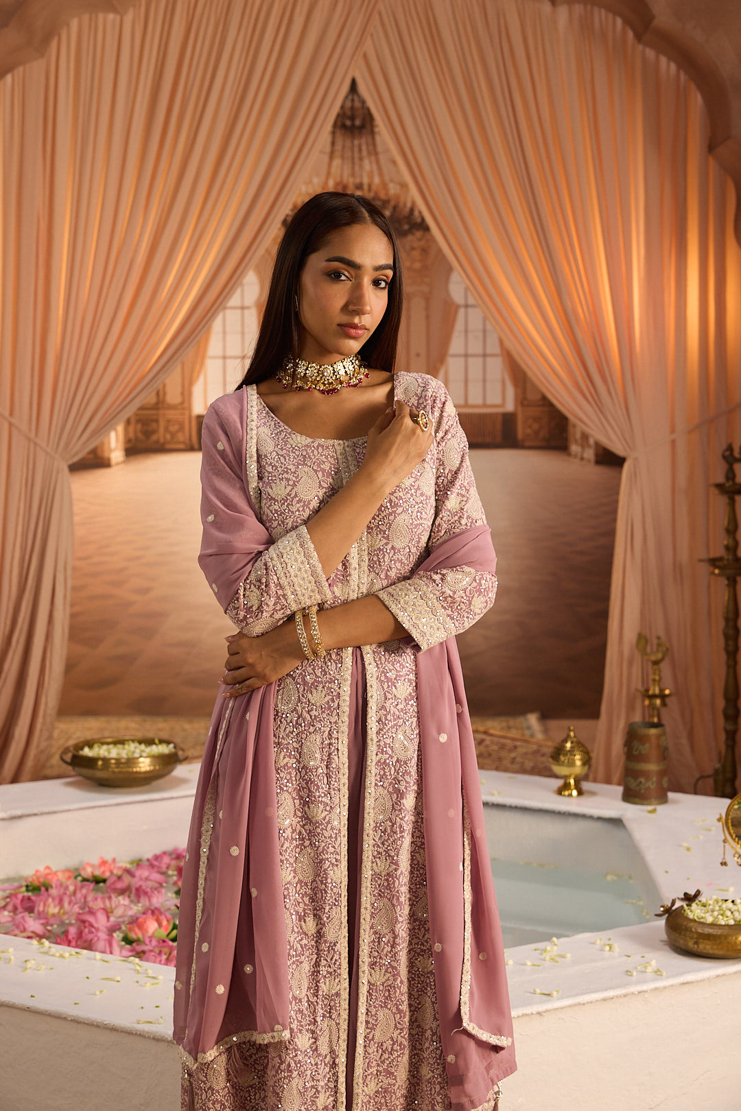 Neerus Purple georgette embroidered suit set - detail view 3