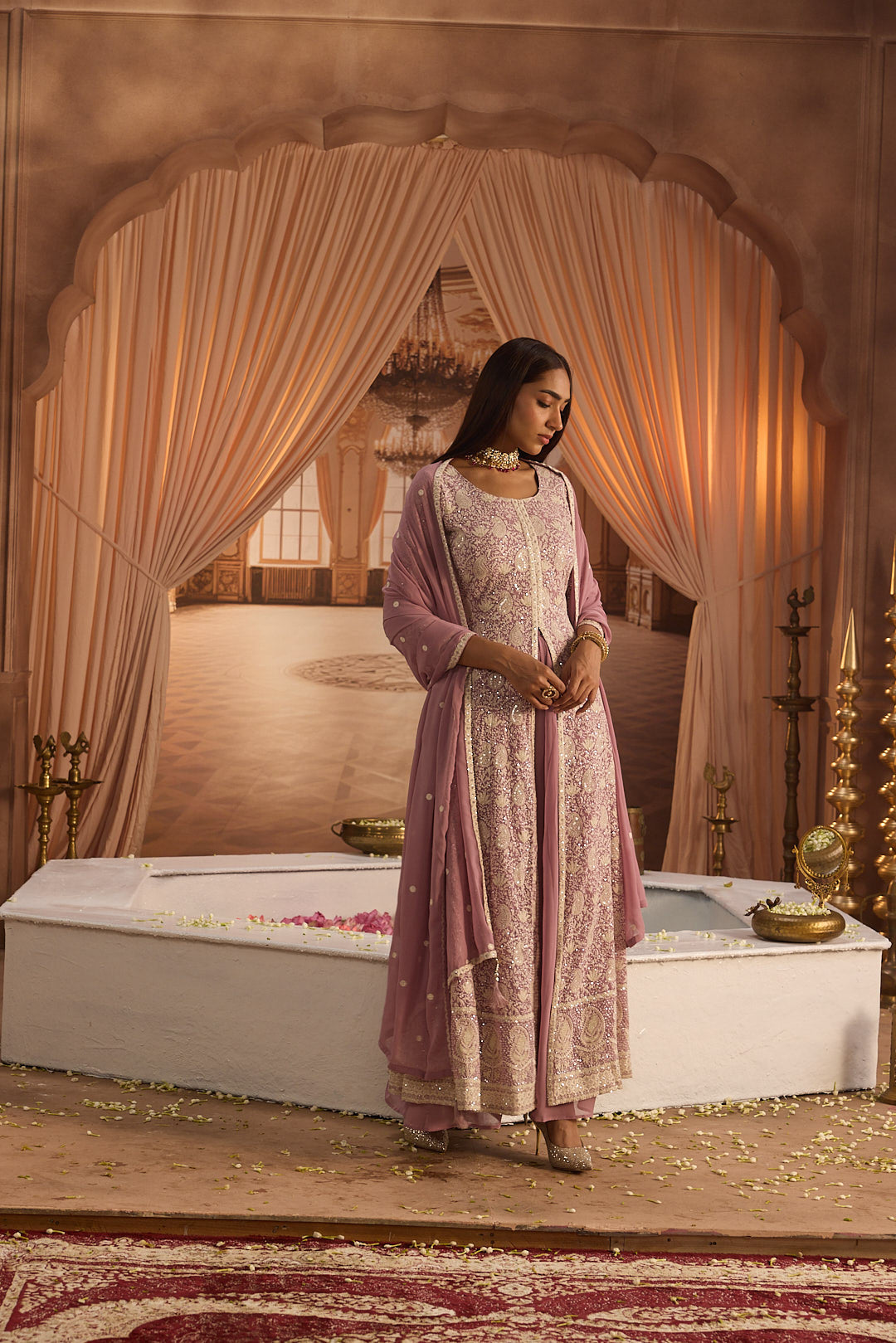 Neerus Purple georgette embroidered suit set - back view