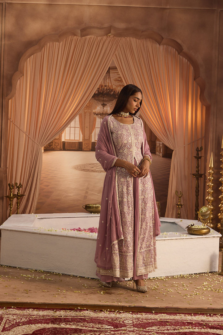 Neerus Purple georgette embroidered suit set - back view