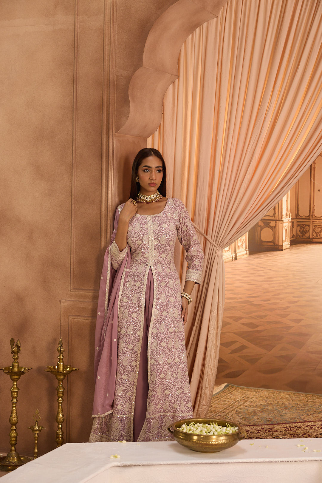 Neerus Purple georgette embroidered suit set - detail view 10