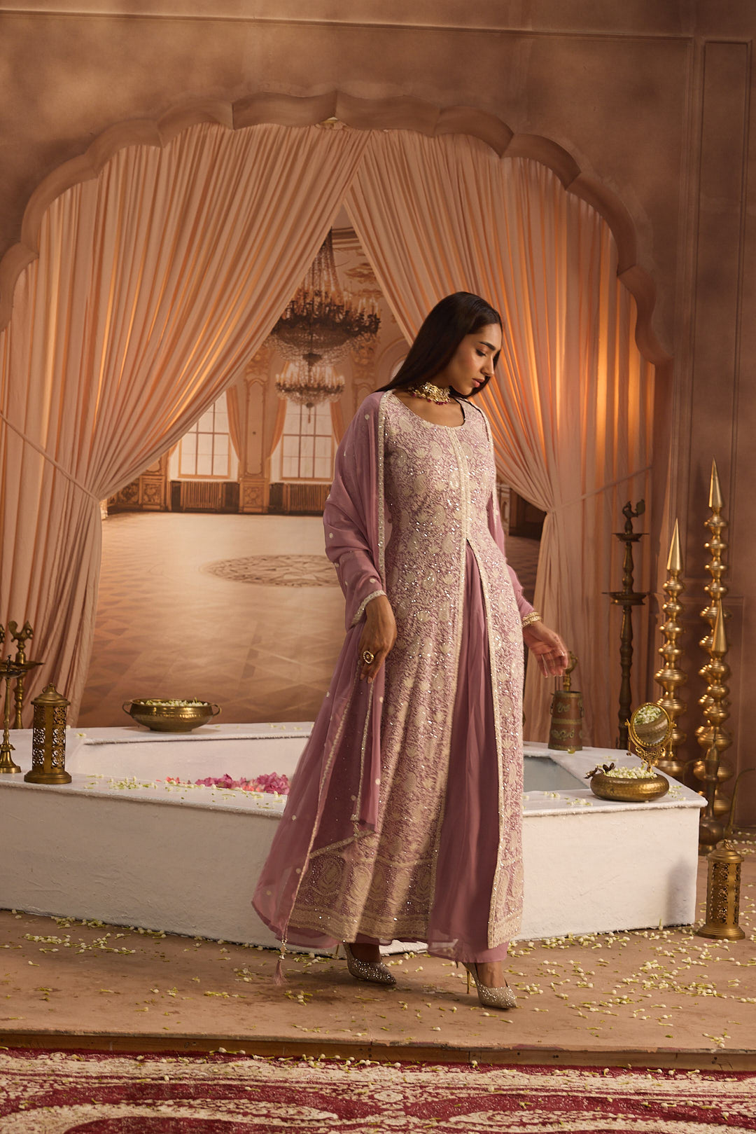 Neerus Purple georgette embroidered suit set - side view