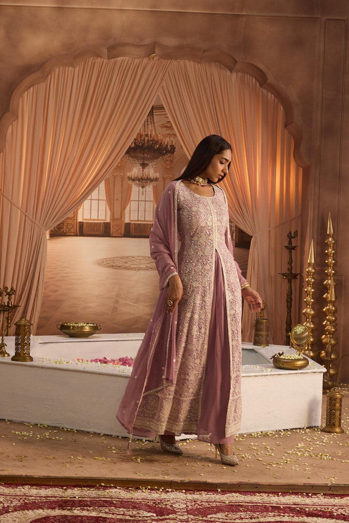 Neerus Purple georgette embroidered suit set - side view
