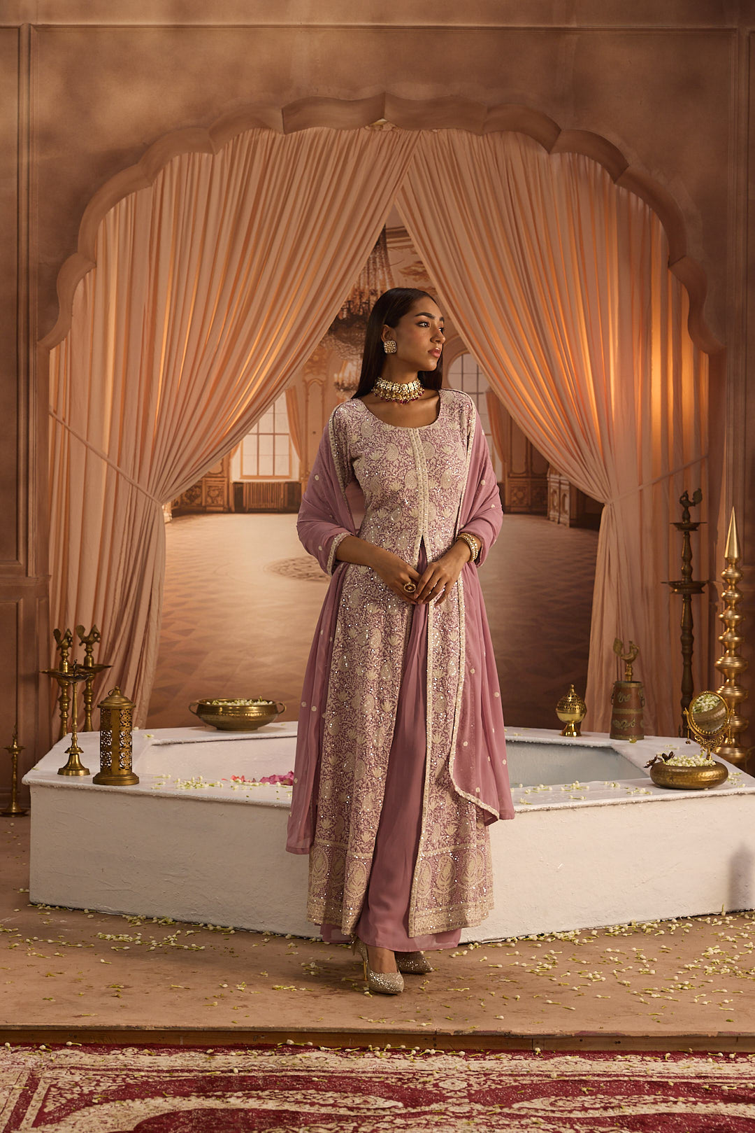 Neerus Purple georgette embroidered suit set - detail view 4