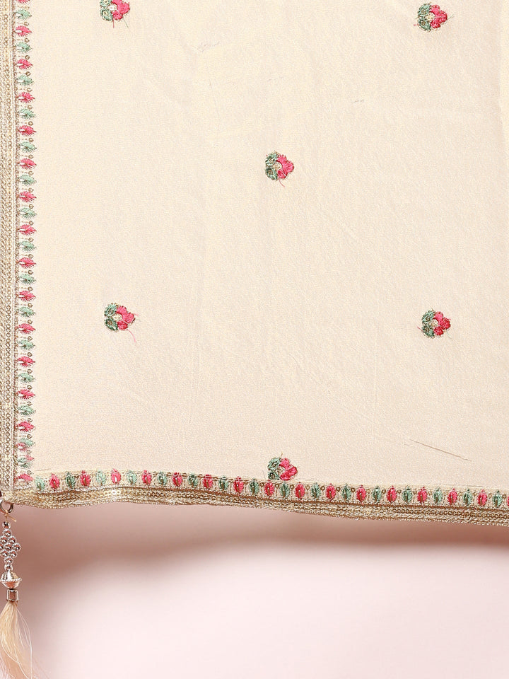 Cream floral thread work tissue fabric three piece anarkali set