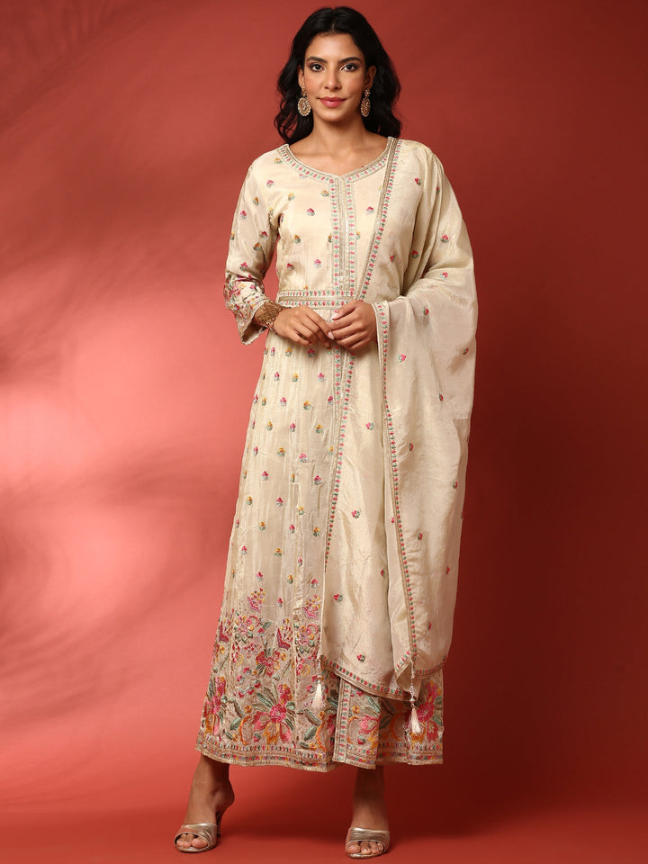 Neerus Beige tissue thread embroidered Anarkali suit set - front view