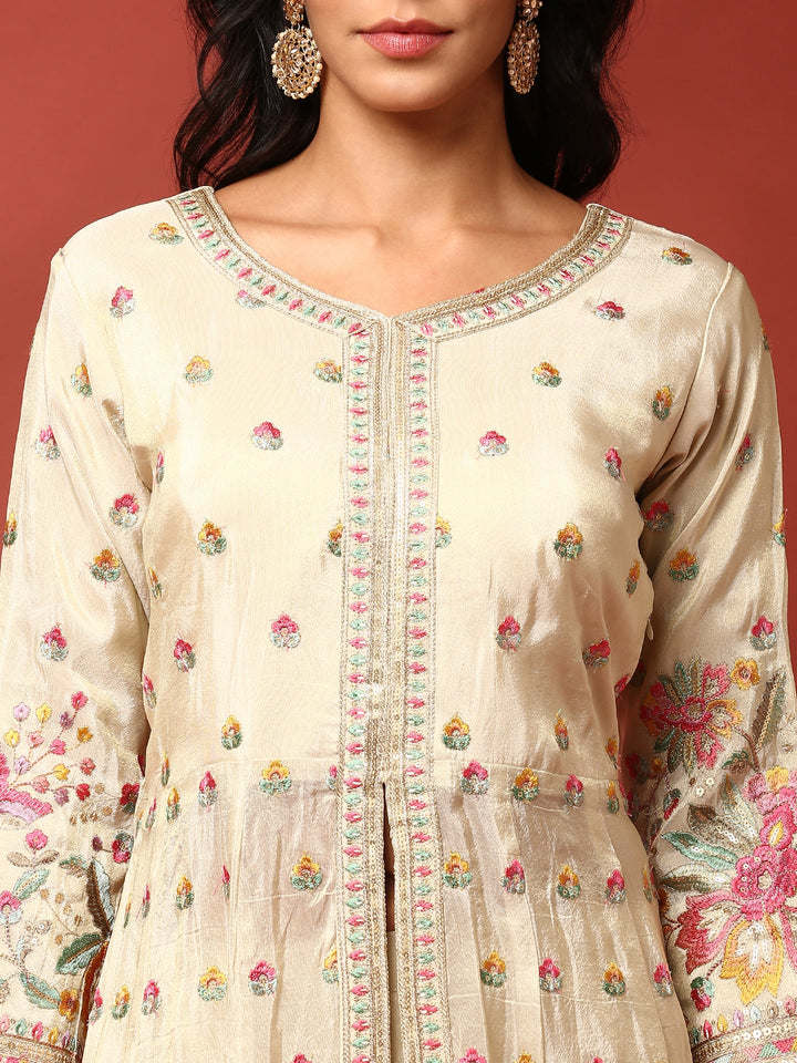 Cream floral thread work tissue fabric three piece anarkali set