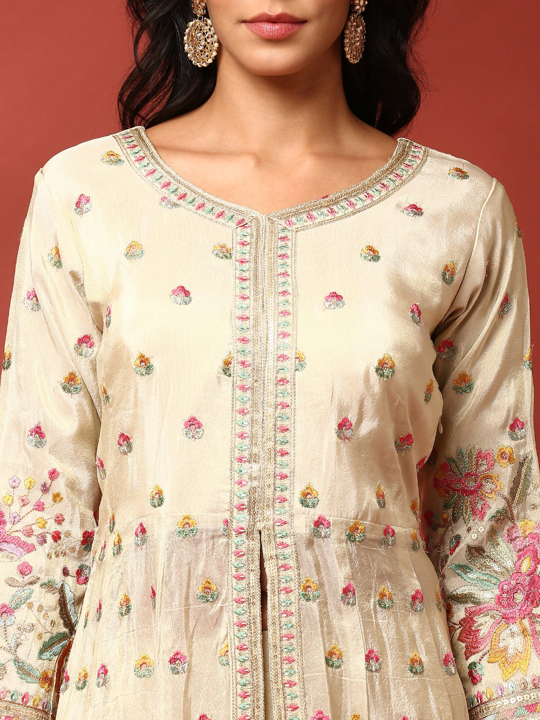 Neerus Beige tissue thread embroidered Anarkali suit set - detail view 1