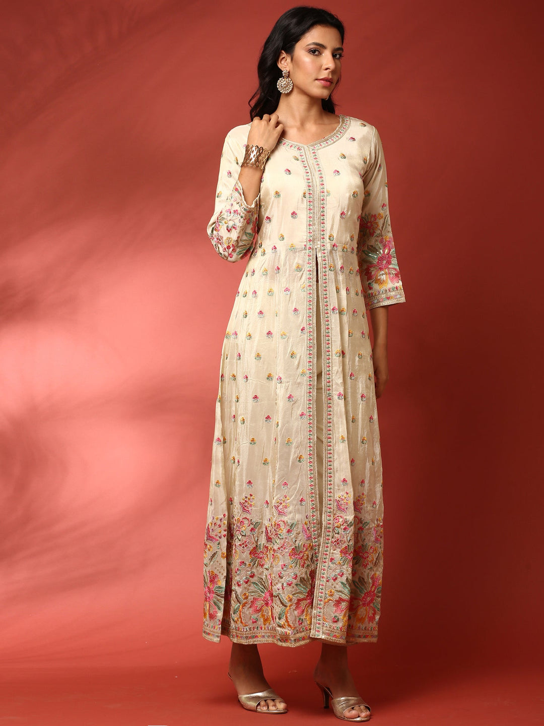 Neerus Beige tissue thread embroidered Anarkali suit set - back view