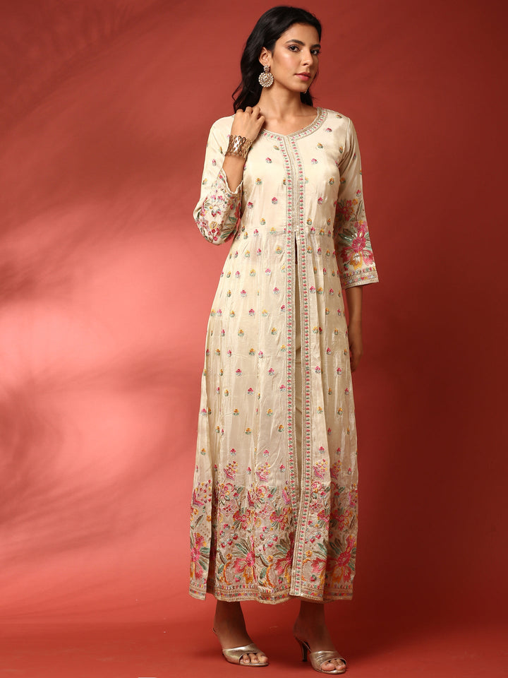 Neerus Beige tissue thread embroidered Anarkali suit set - back view