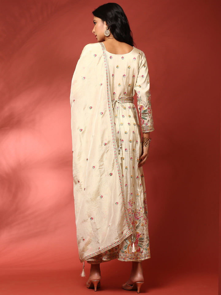 Neerus Beige tissue thread embroidered Anarkali suit set - side view