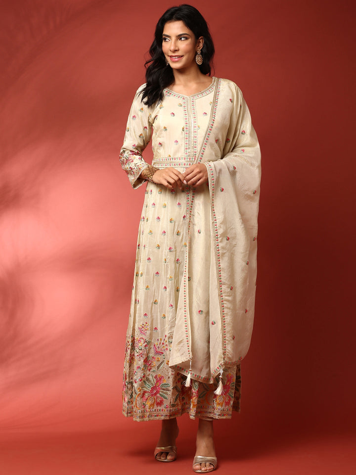 Neerus Beige tissue thread embroidered Anarkali suit set - detail view 2