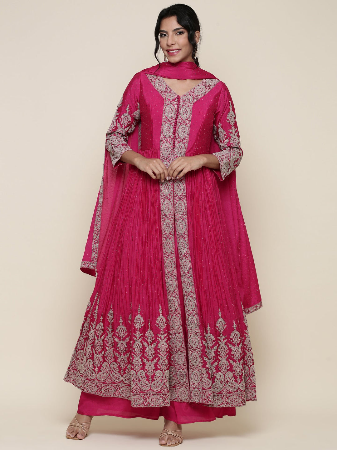 Neerus Pink georgette embroidered Anarkali suit set - front view