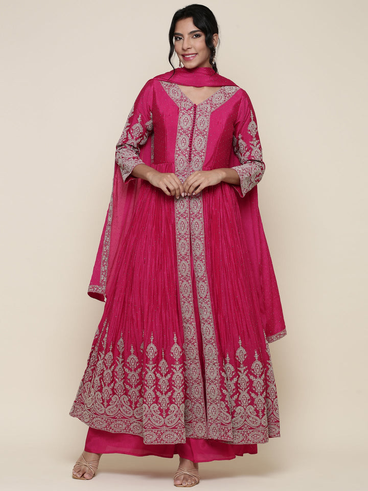 Neerus Pink georgette embroidered Anarkali suit set - front view