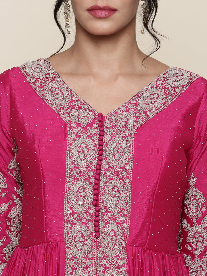 Neerus Pink georgette embroidered Anarkali suit set - detail view 1