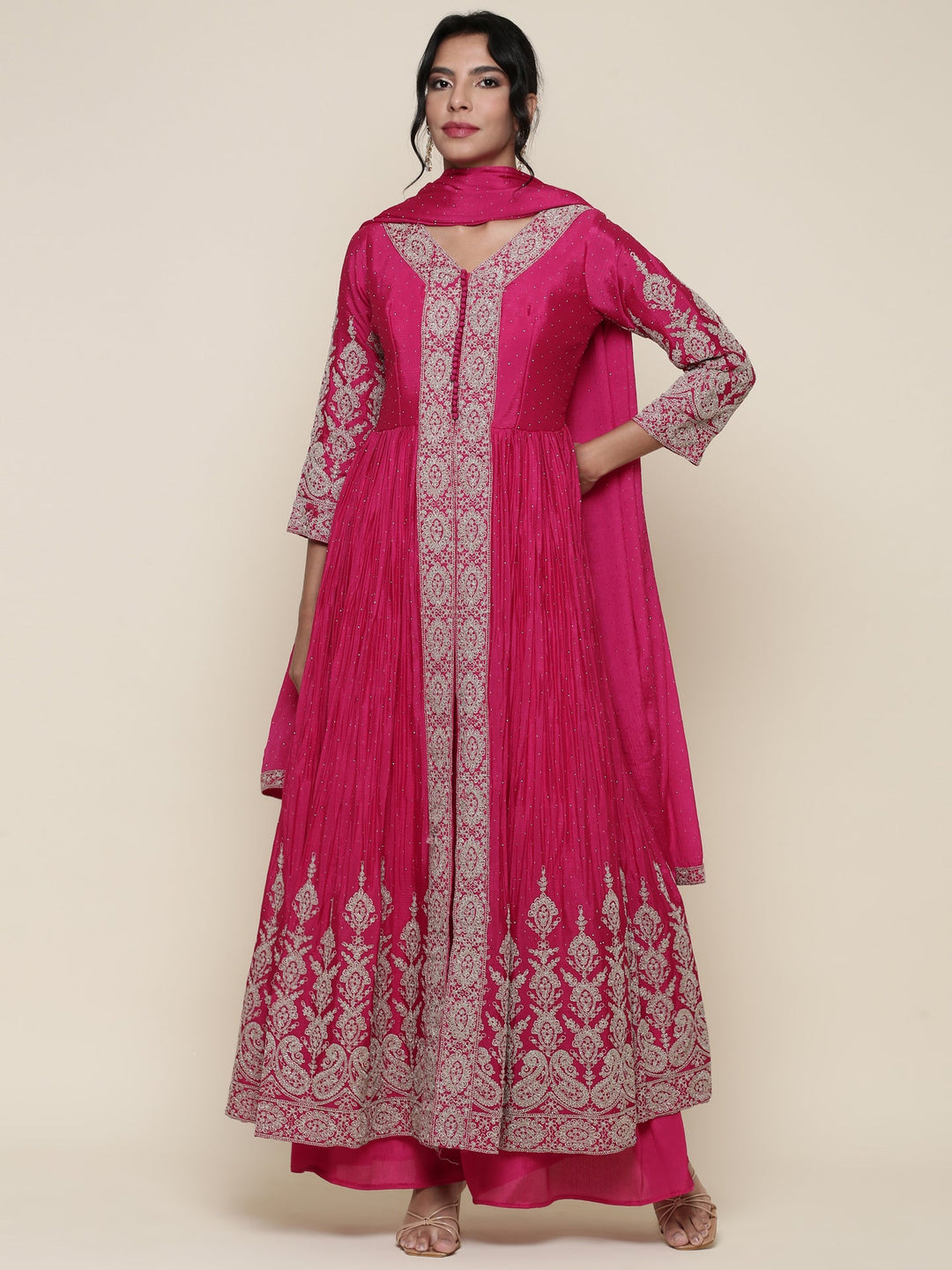 Neerus Pink georgette embroidered Anarkali suit set - detail view 2