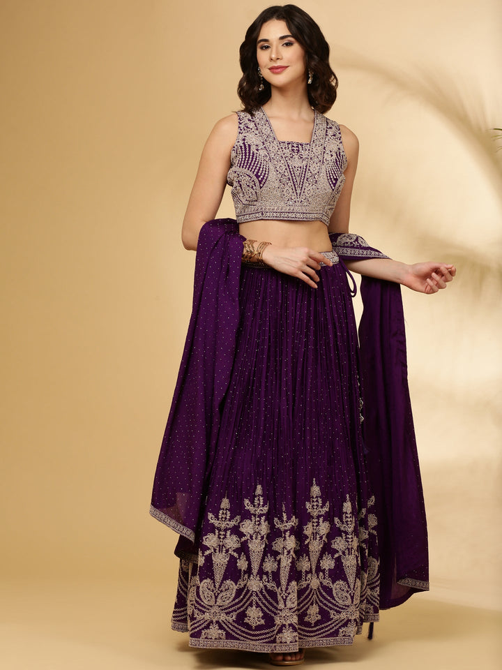Neerus Purple chinon hand embroidered lehenga set - front view