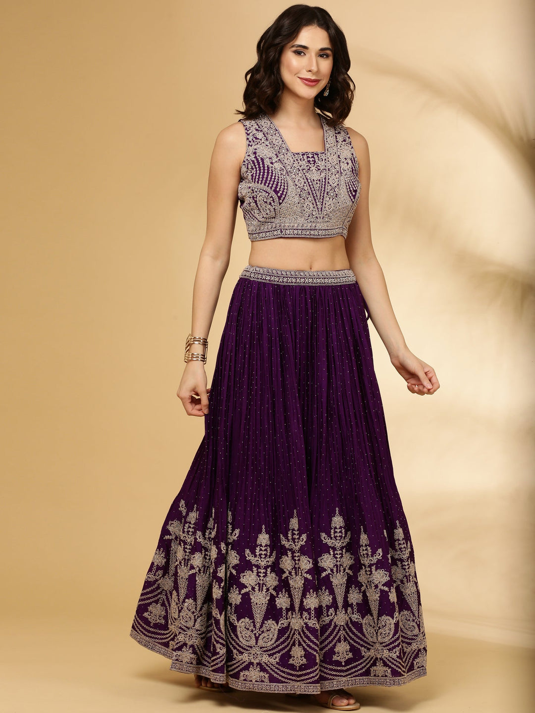 Neerus Purple chinon hand embroidered lehenga set - back view