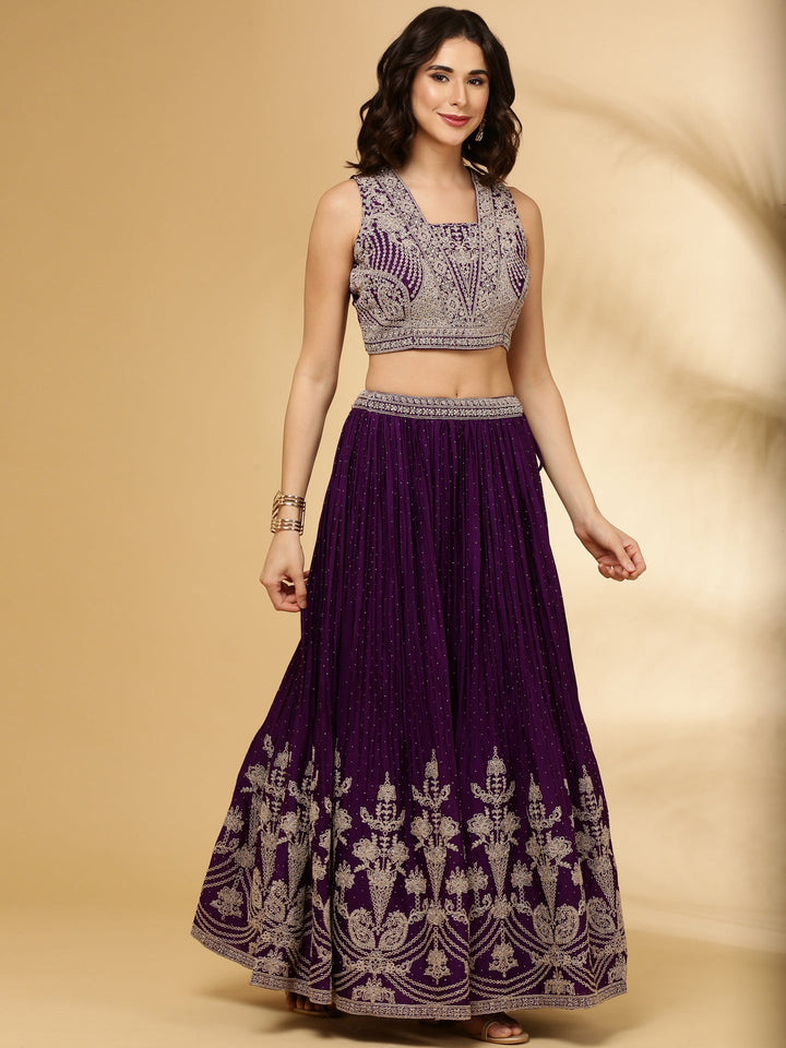 Neerus Purple chinon hand embroidered lehenga set - back view