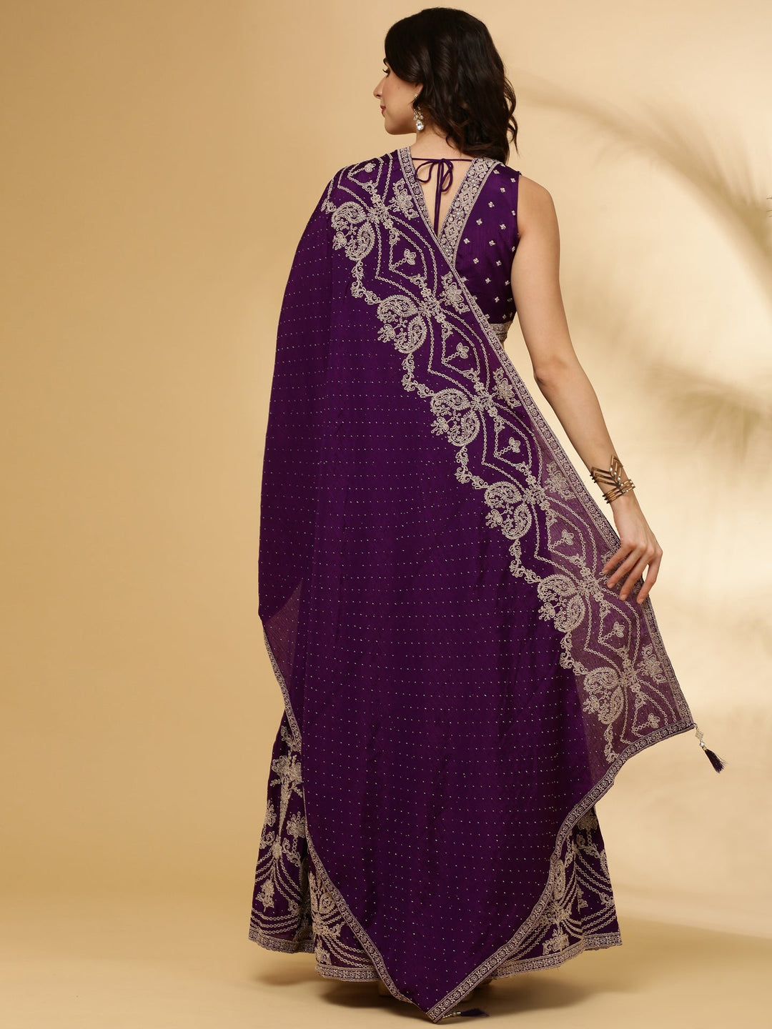 Neerus Purple chinon hand embroidered lehenga set - side view