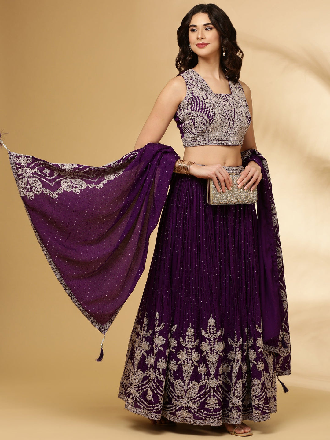 Neerus Purple chinon hand embroidered lehenga set - detail view 2
