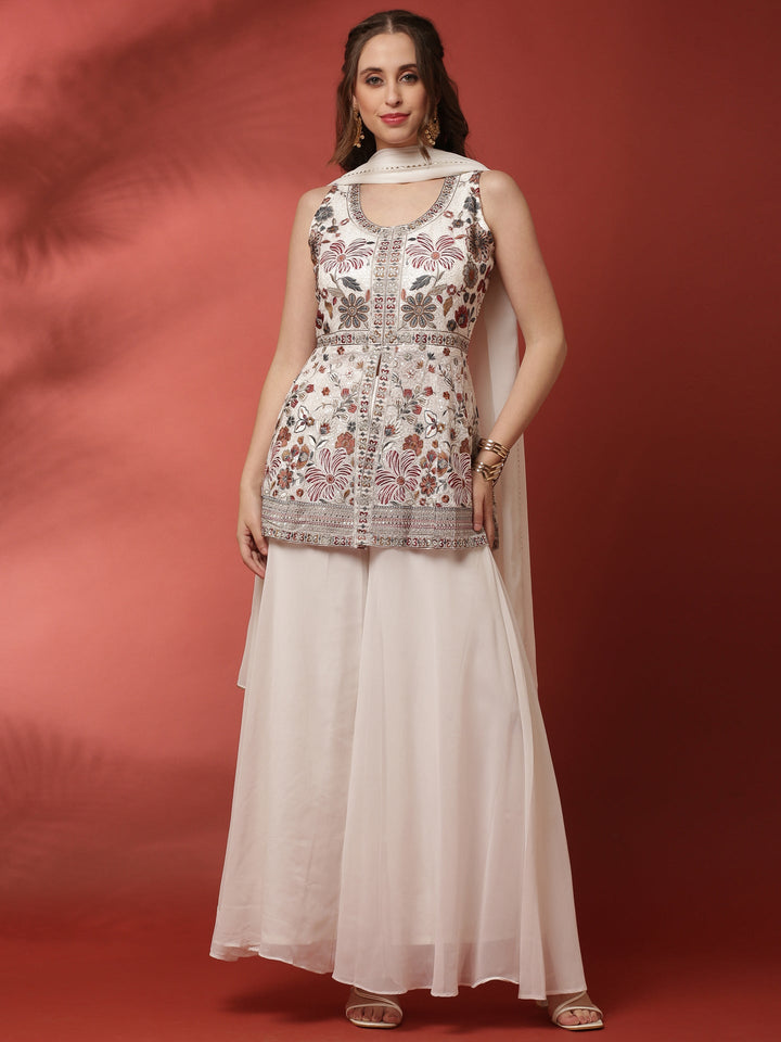 Neerus White georgette embroidered palazzo set - front view