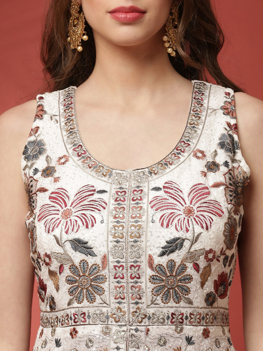 Neerus White georgette embroidered palazzo set - detail view 1