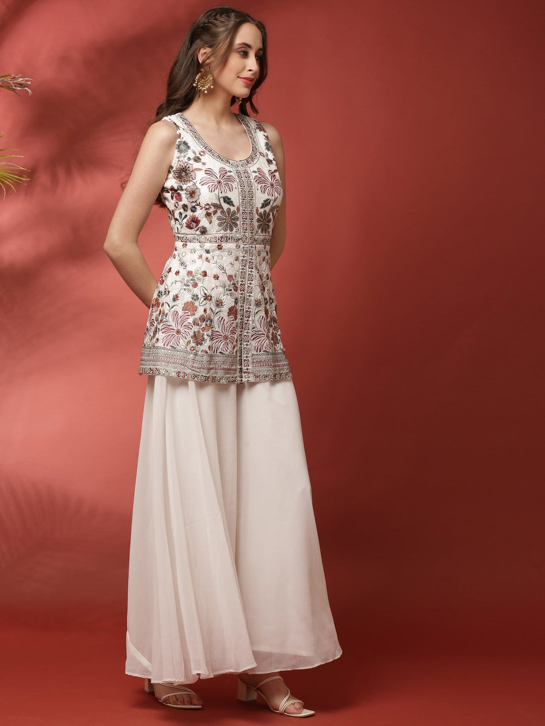 Neerus White georgette embroidered palazzo set - back view