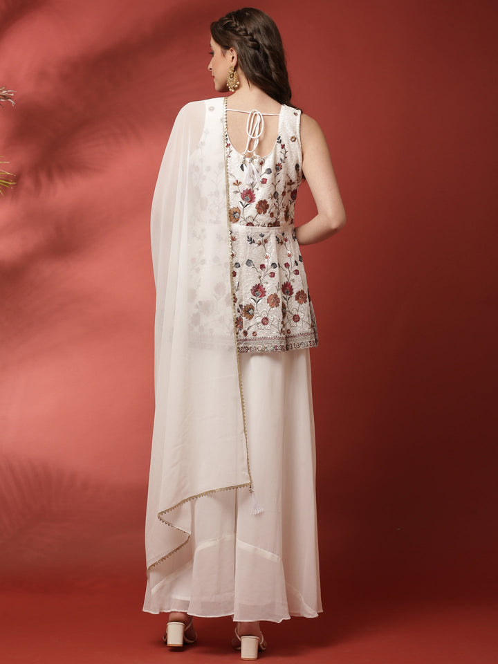 Neerus White georgette embroidered palazzo set - side view
