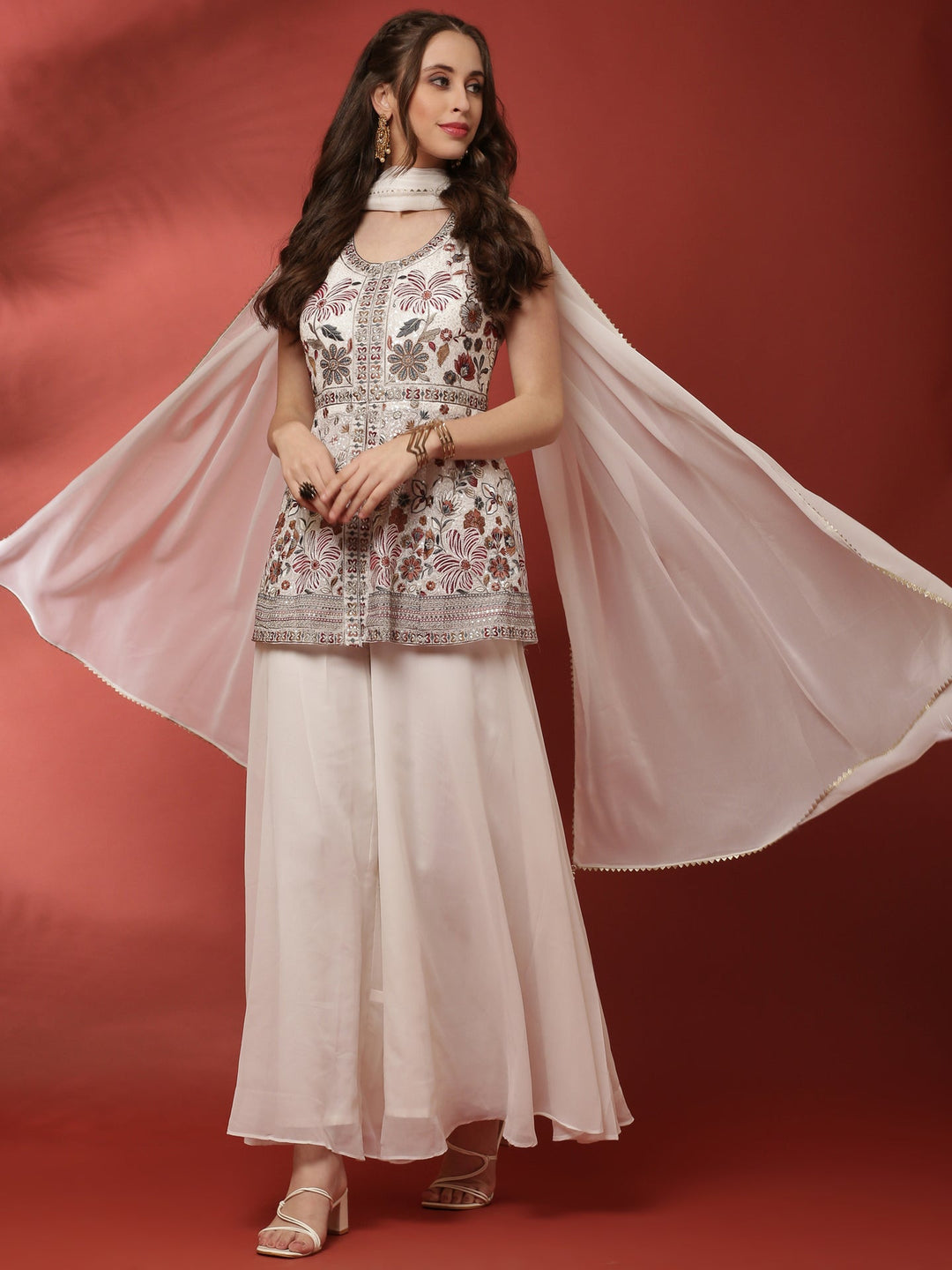 Neerus White georgette embroidered palazzo set - detail view 2