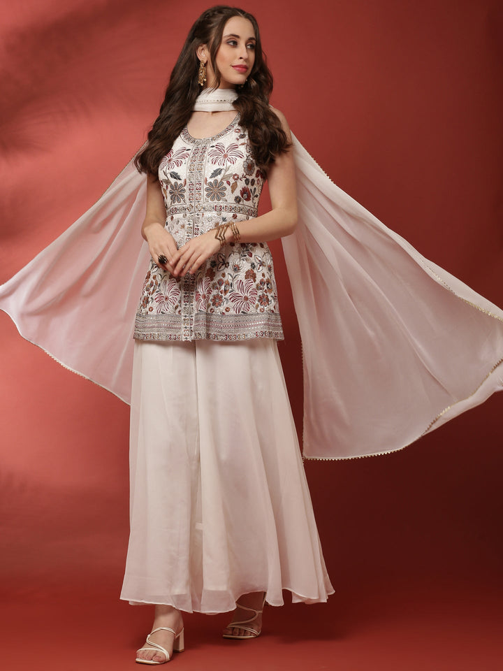 Neerus White georgette embroidered palazzo set - detail view 2