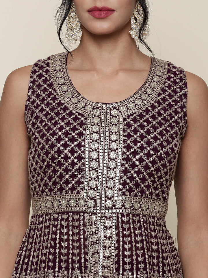 Wine georgette embroidered peplum and palazzo three piece set