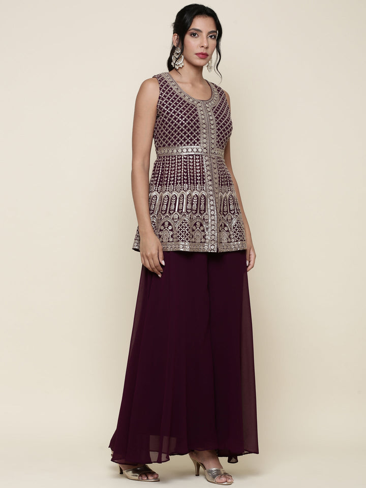 Wine georgette embroidered peplum and palazzo three piece set